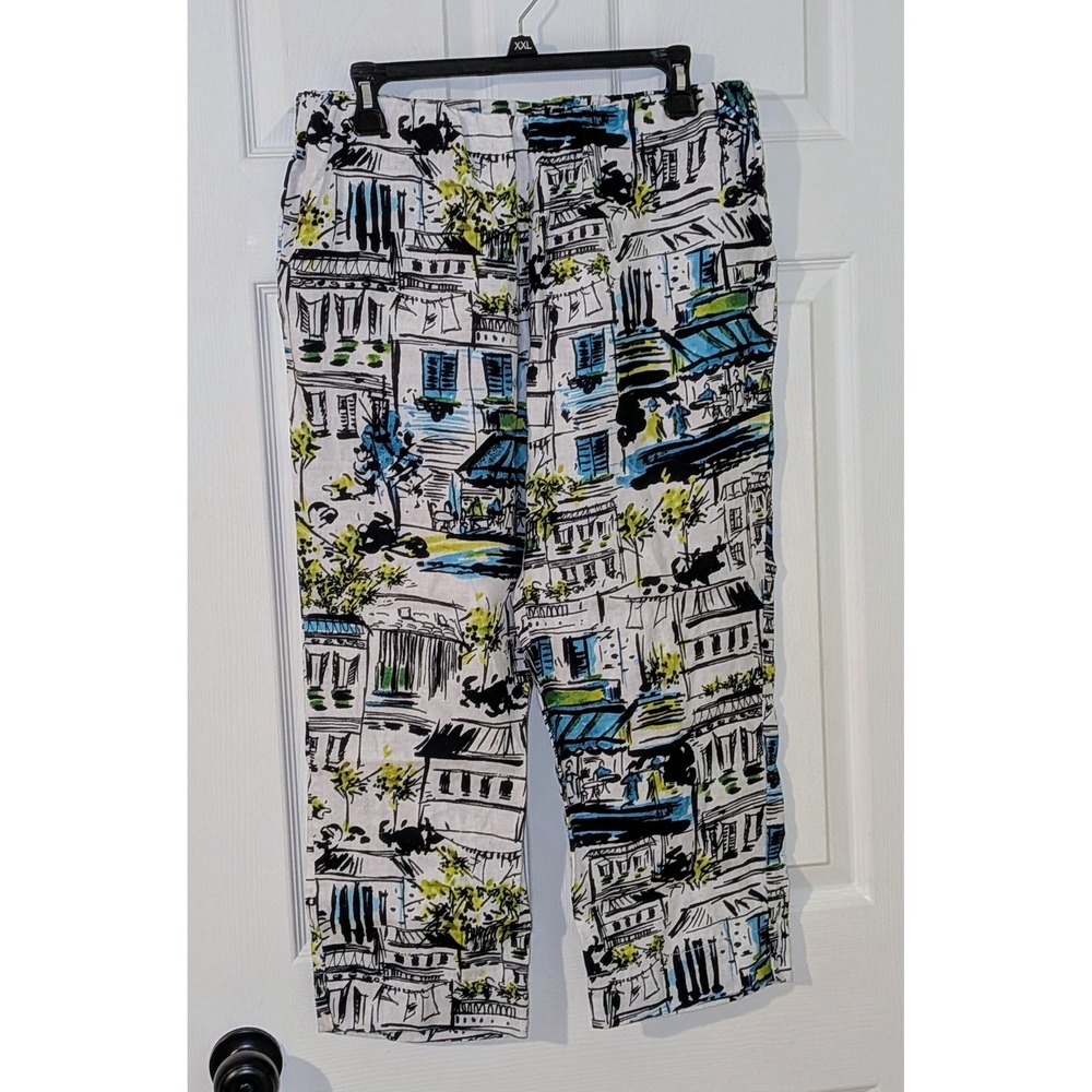 Lantana Casuals Printed Pants Medium White Blue‎ Black Cityscape Pattern Crop